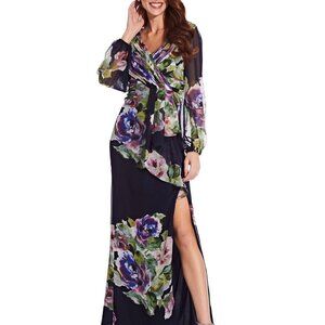 ✅ Adrianna Papell Long Sleeve Floral Print Chiffon Gown SIZE 4 MOTHER OF BRIDE